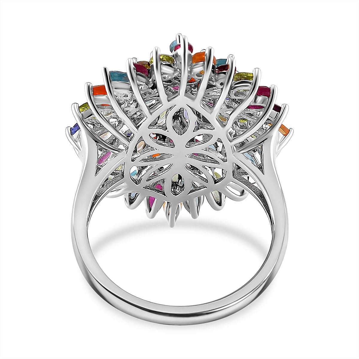D'Joy Multi Gemstone Floral Spray Ring in Rhodium Over Sterling Silver 5.40 ctw (Size 5.5)