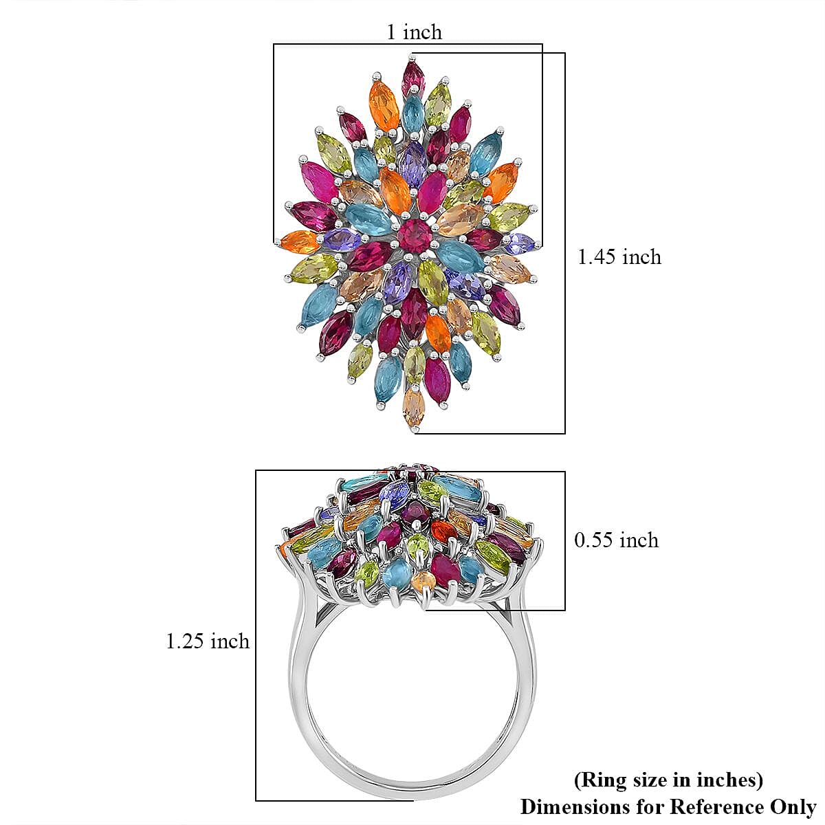D'Joy Multi Gemstone Floral Spray Ring in Rhodium Over Sterling Silver 5.40 ctw (Size 5.5)