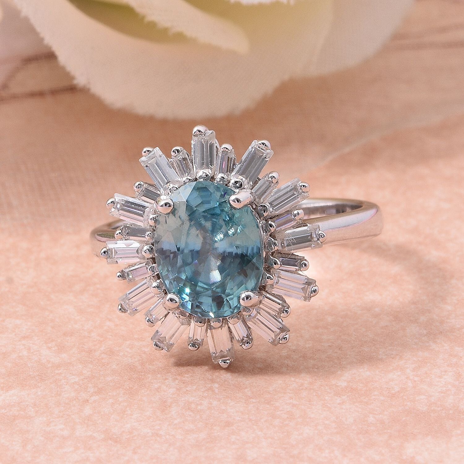 Premium Cambodian Blue Zircon and Moissanite 3.80 ctw Snowflake Ring in Rhodium Over Sterling Silver (Size 10.0)