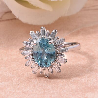 Premium Cambodian Blue Zircon and Moissanite 3.80 ctw Snowflake Ring in Rhodium Over Sterling Silver (Size 10.0)
