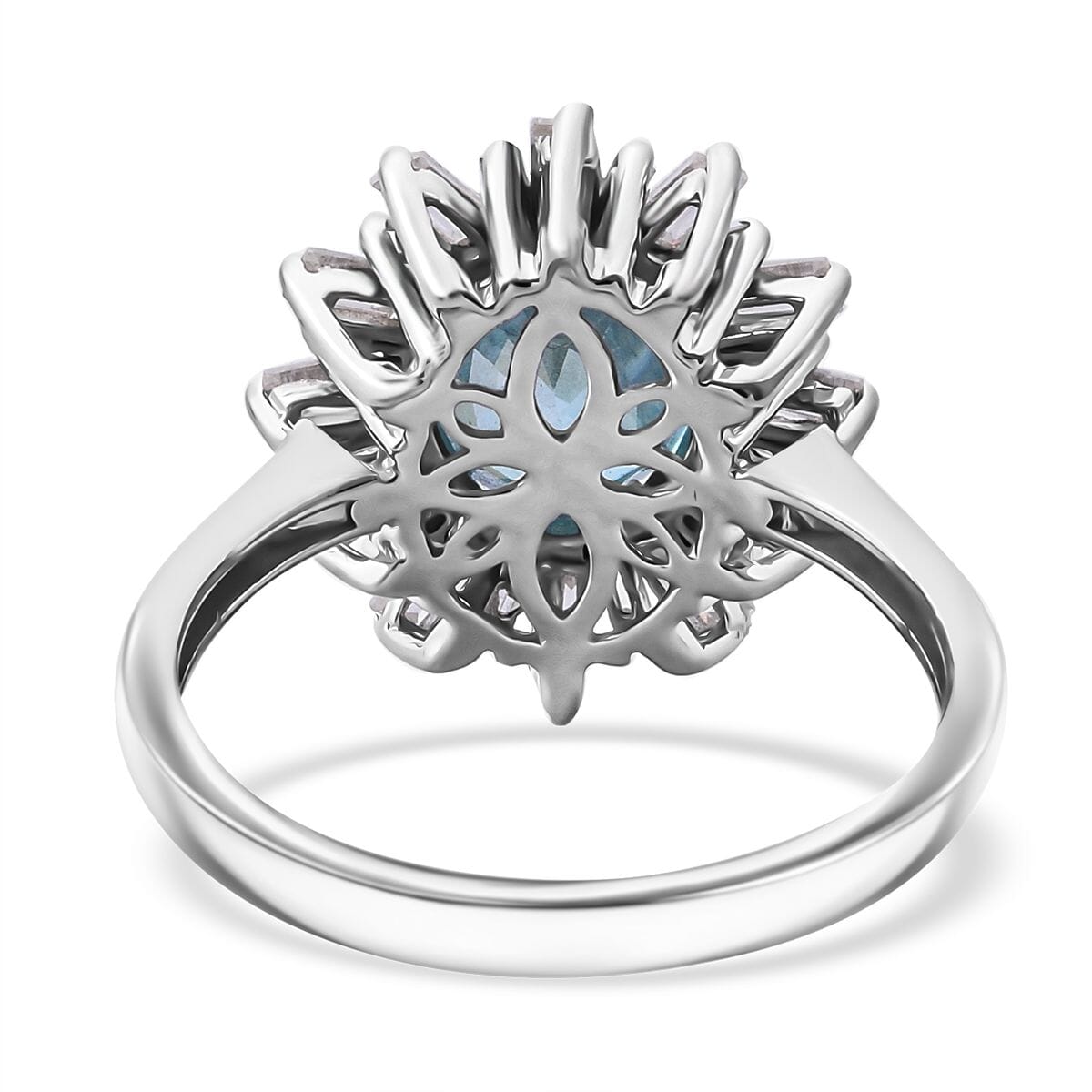 Premium Cambodian Blue Zircon and Moissanite 3.80 ctw Snowflake Ring in Rhodium Over Sterling Silver (Size 10.0) image number 4