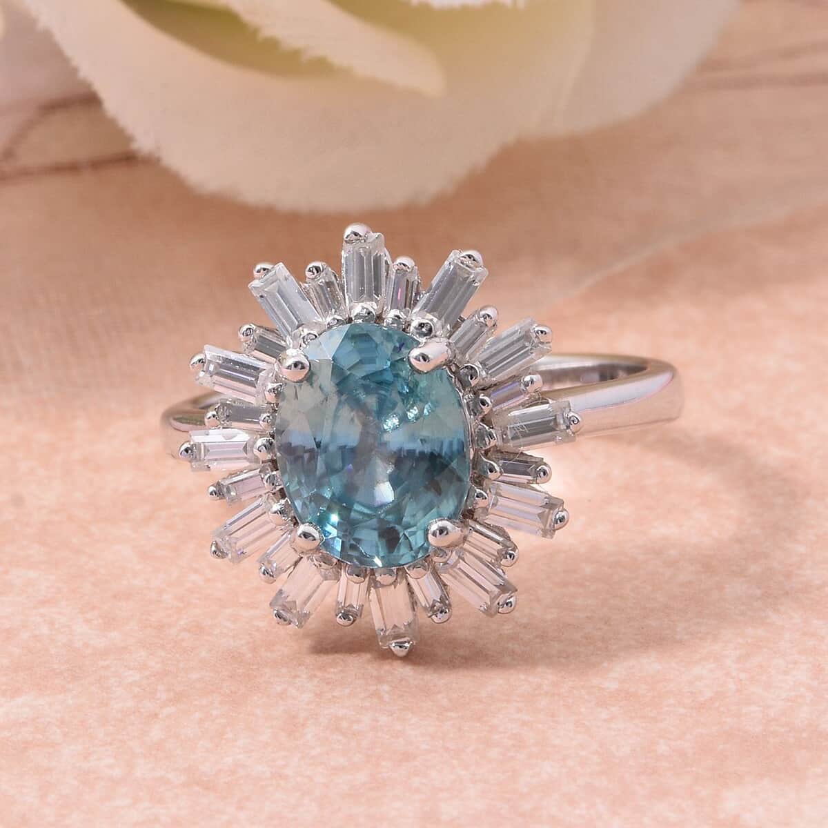 Premium Cambodian Blue Zircon and Moissanite 3.80 ctw Snowflake Ring in Rhodium Over Sterling Silver (Size 7.0) image number 1