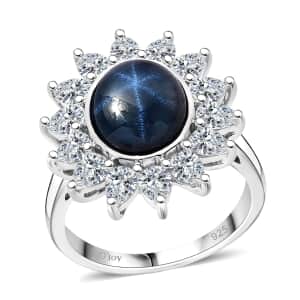 Blue Star Sapphire (DF) and Moissanite 8.25 ctw Starlite Celestial Ring in Rhodium Over Sterling Silver (Size 10.0)