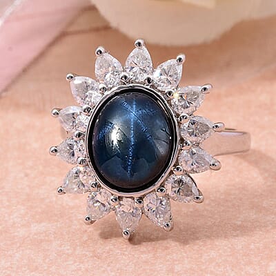 Blue Star Sapphire (DF) and Moissanite 8.25 ctw Starlite Celestial Ring in Rhodium Over Sterling Silver (Size 10.0)