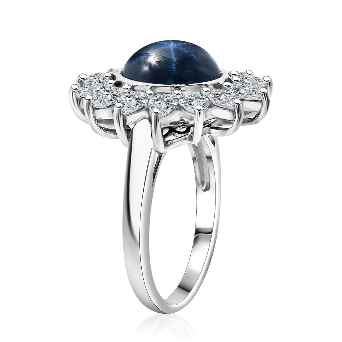 Blue Star Sapphire (DF) and Moissanite 8.25 ctw Starlite Celestial Ring in Rhodium Over Sterling Silver (Size 10.0) image number 3