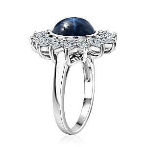 Blue Star Sapphire (DF) and Moissanite 8.25 ctw Starlite Celestial Ring in Rhodium Over Sterling Silver (Size 10.0)