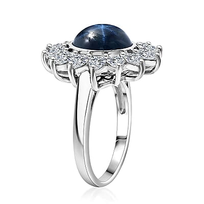 Blue Star Sapphire (DF) and Moissanite 8.25 ctw Starlite Celestial Ring in Rhodium Over Sterling Silver (Size 10.0)