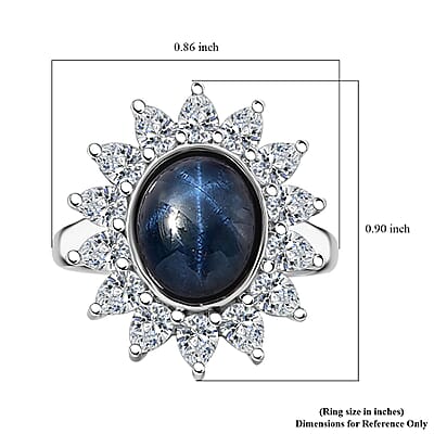 Blue Star Sapphire (DF) and Moissanite 8.25 ctw Starlite Celestial Ring in Rhodium Over Sterling Silver (Size 10.0)