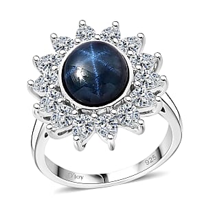 Blue Star Sapphire (DF) and Moissanite 8.25 ctw Starlite Celestial Ring in Rhodium Over Sterling Silver (Size 6.0)