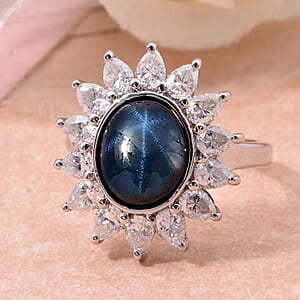Blue Star Sapphire (DF) and Moissanite 8.25 ctw Starlite Celestial Ring in Rhodium Over Sterling Silver (Size 6.0)