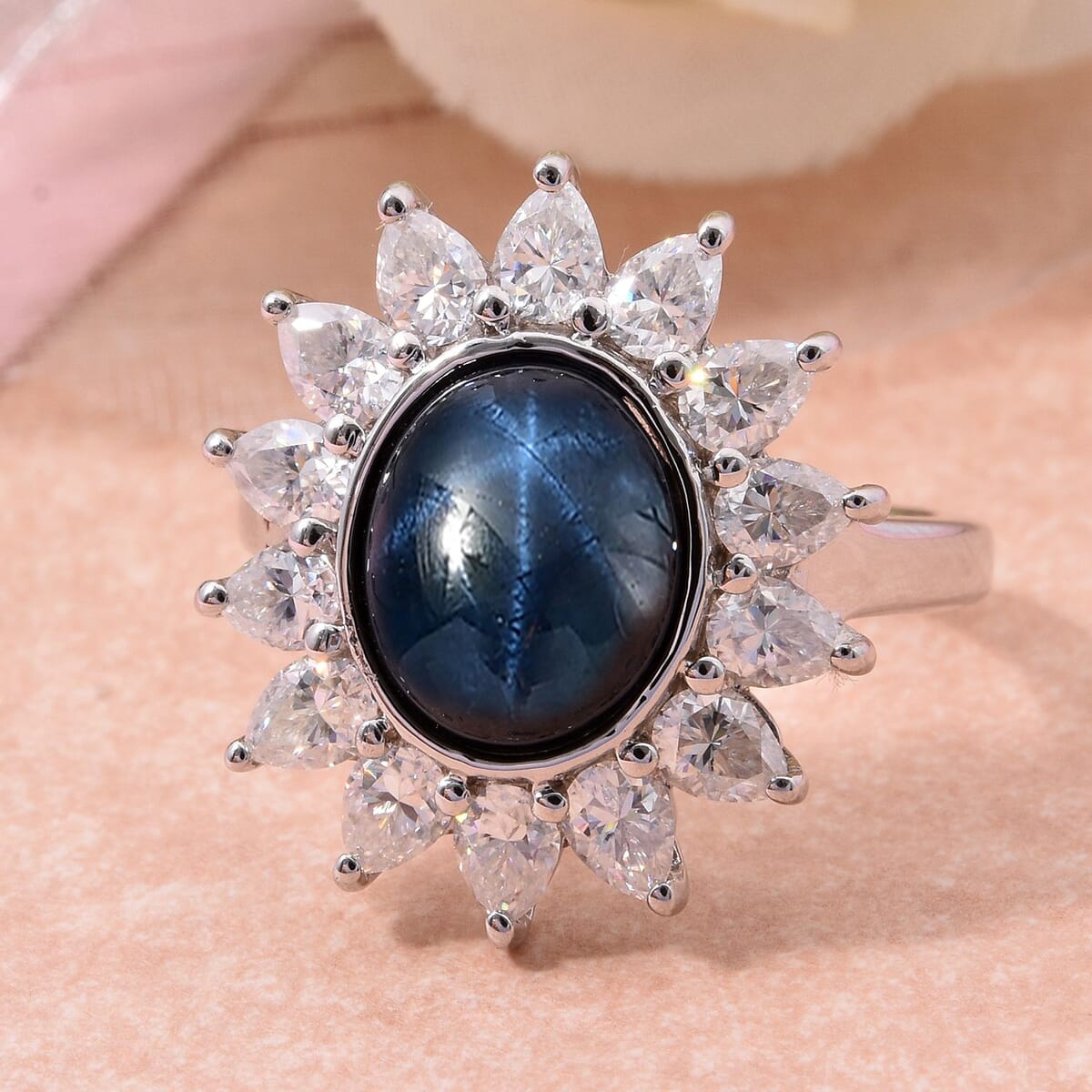 Blue Star Sapphire (DF) and Moissanite 8.25 ctw Starlite Celestial Ring in Rhodium Over Sterling Silver (Size 7.0) image number 1