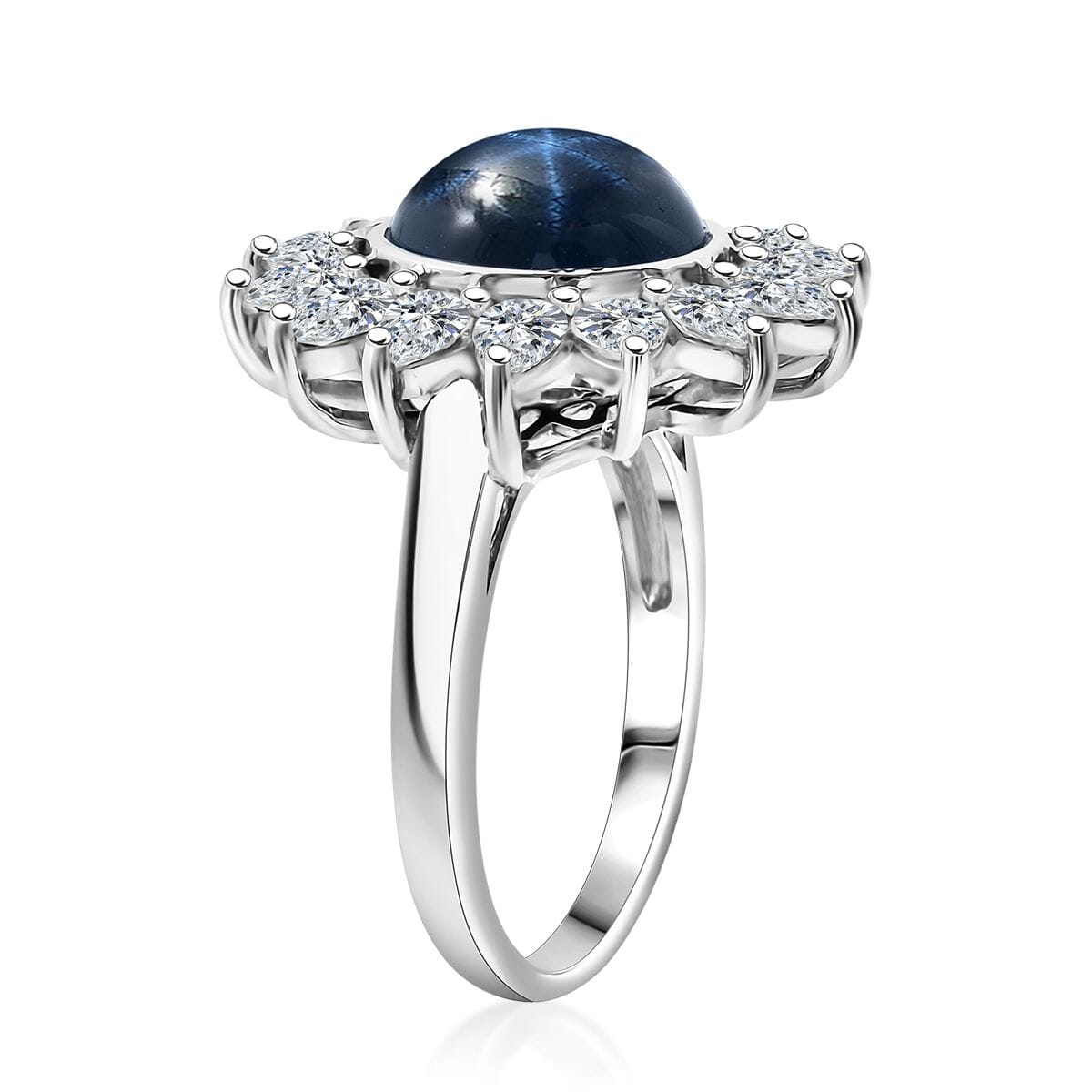 Blue Star Sapphire (DF) and Moissanite 8.25 ctw Starlite Celestial Ring in Rhodium Over Sterling Silver (Size 7.0) image number 3