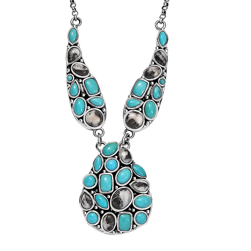 D'Joy Artisan Crafted Sleeping Beauty Turquoise and White Buffalo 16.25 ctw Necklace in Black Oxidized Sterling Silver 18 Inches