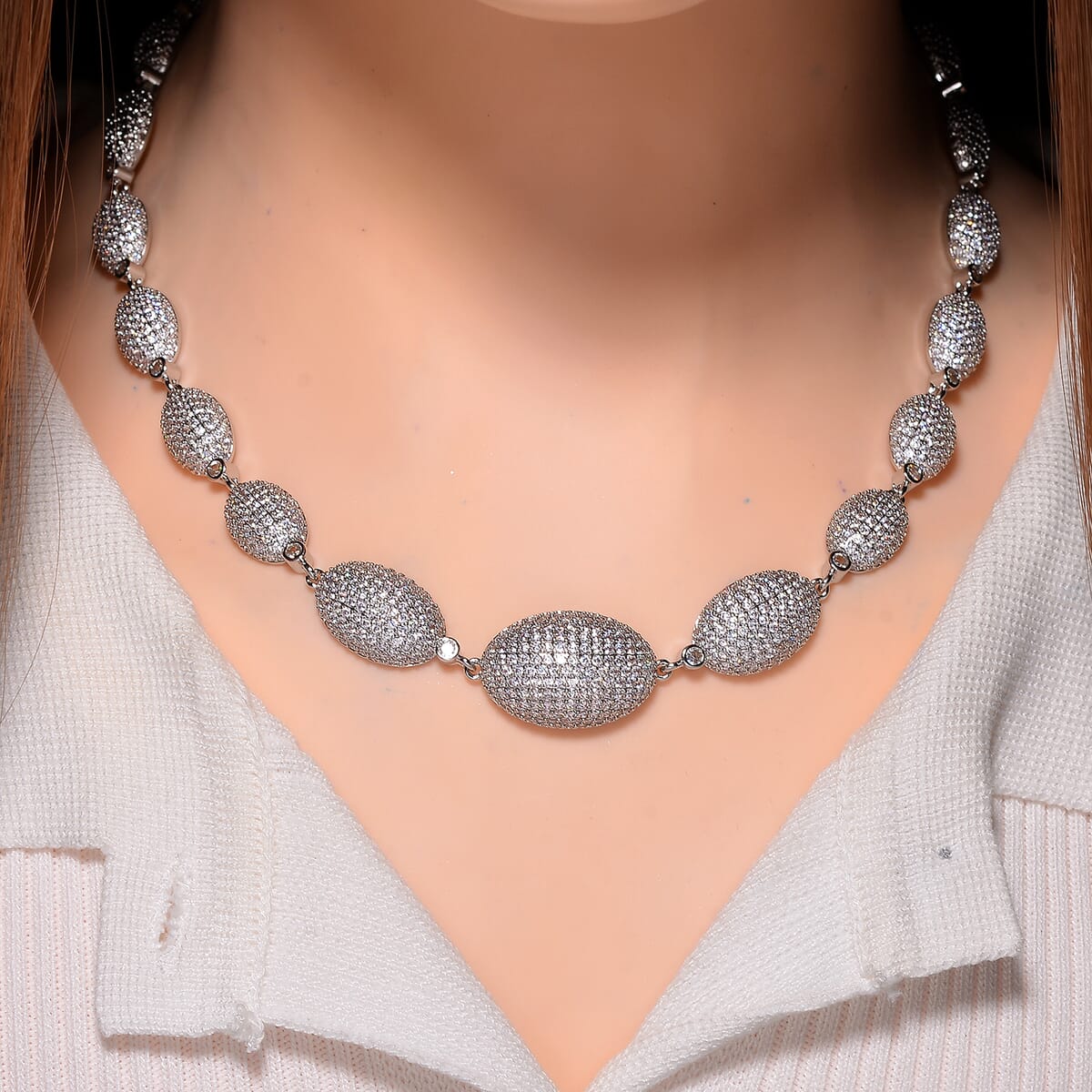 Simulated Diamond Lustrous Link Necklace in Silvertone 18.5 Inches image number 1