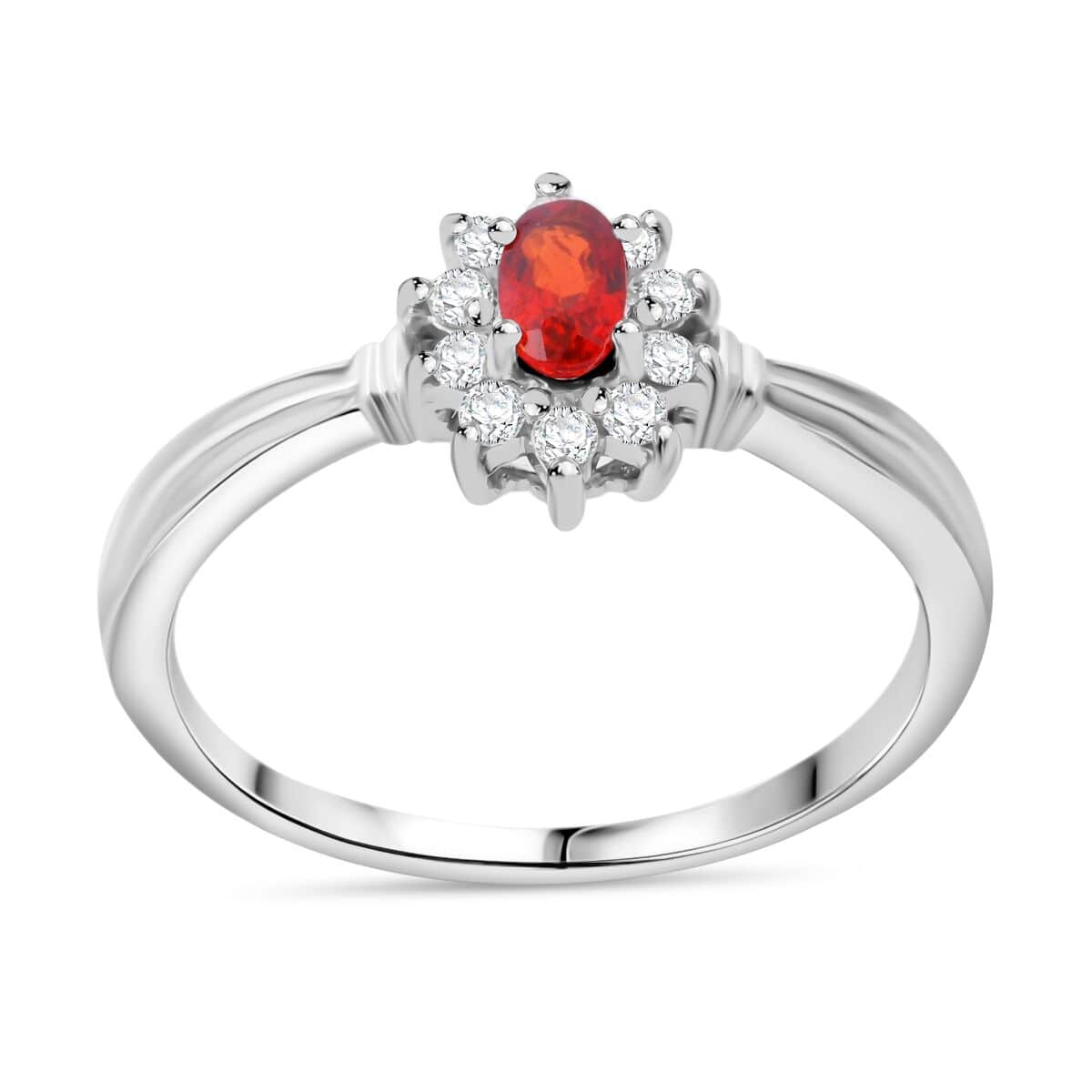 Premium Red Sapphire and Moissanite 0.50 ctw Crimson Blossom Ring in Rhodium Over Sterling Silver (Size 10.0) image number 0