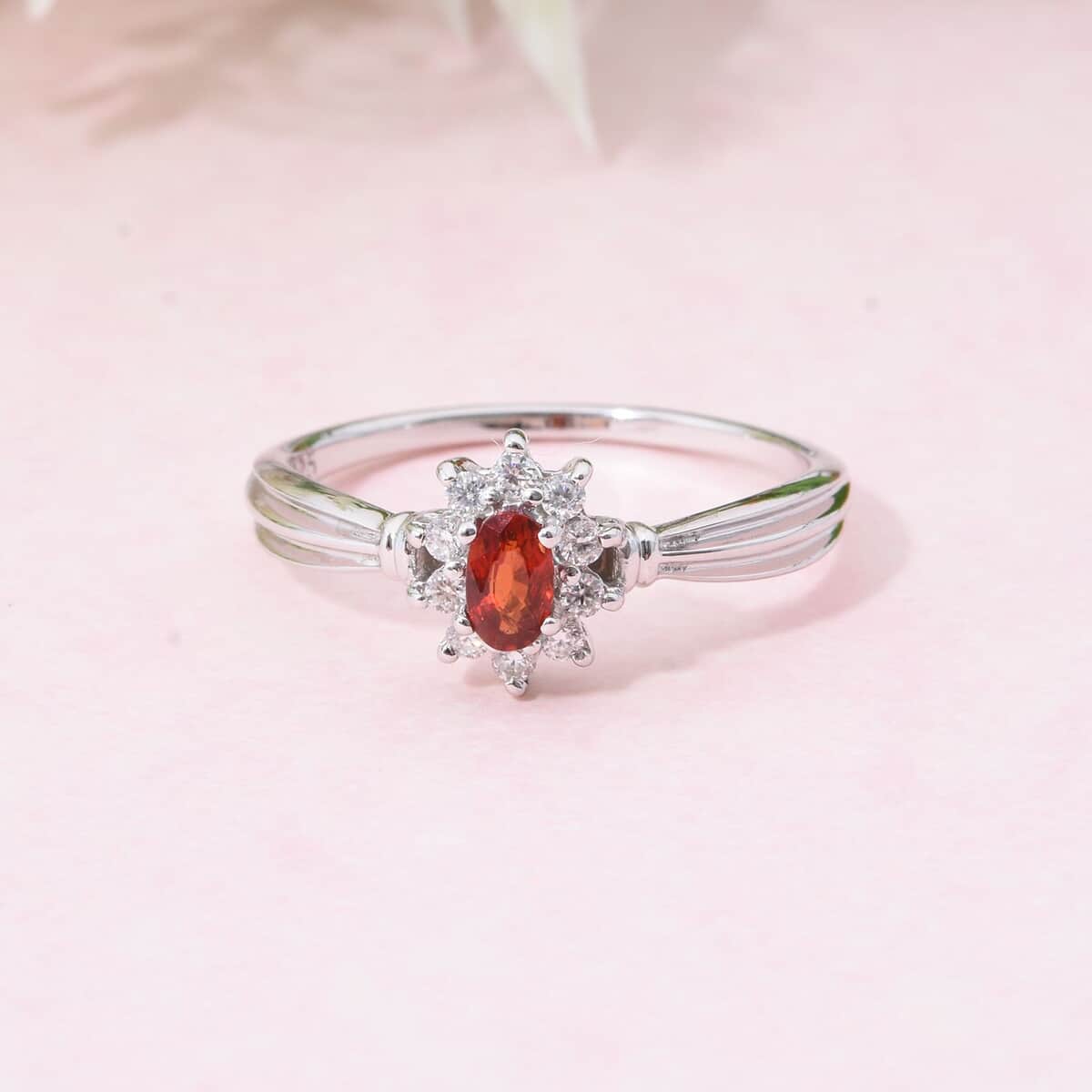 Premium Red Sapphire and Moissanite 0.50 ctw Crimson Blossom Ring in Rhodium Over Sterling Silver (Size 10.0) image number 1