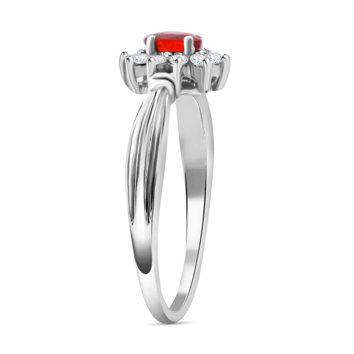 Premium Red Sapphire and Moissanite 0.50 ctw Crimson Blossom Ring in Rhodium Over Sterling Silver (Size 10.0) image number 3