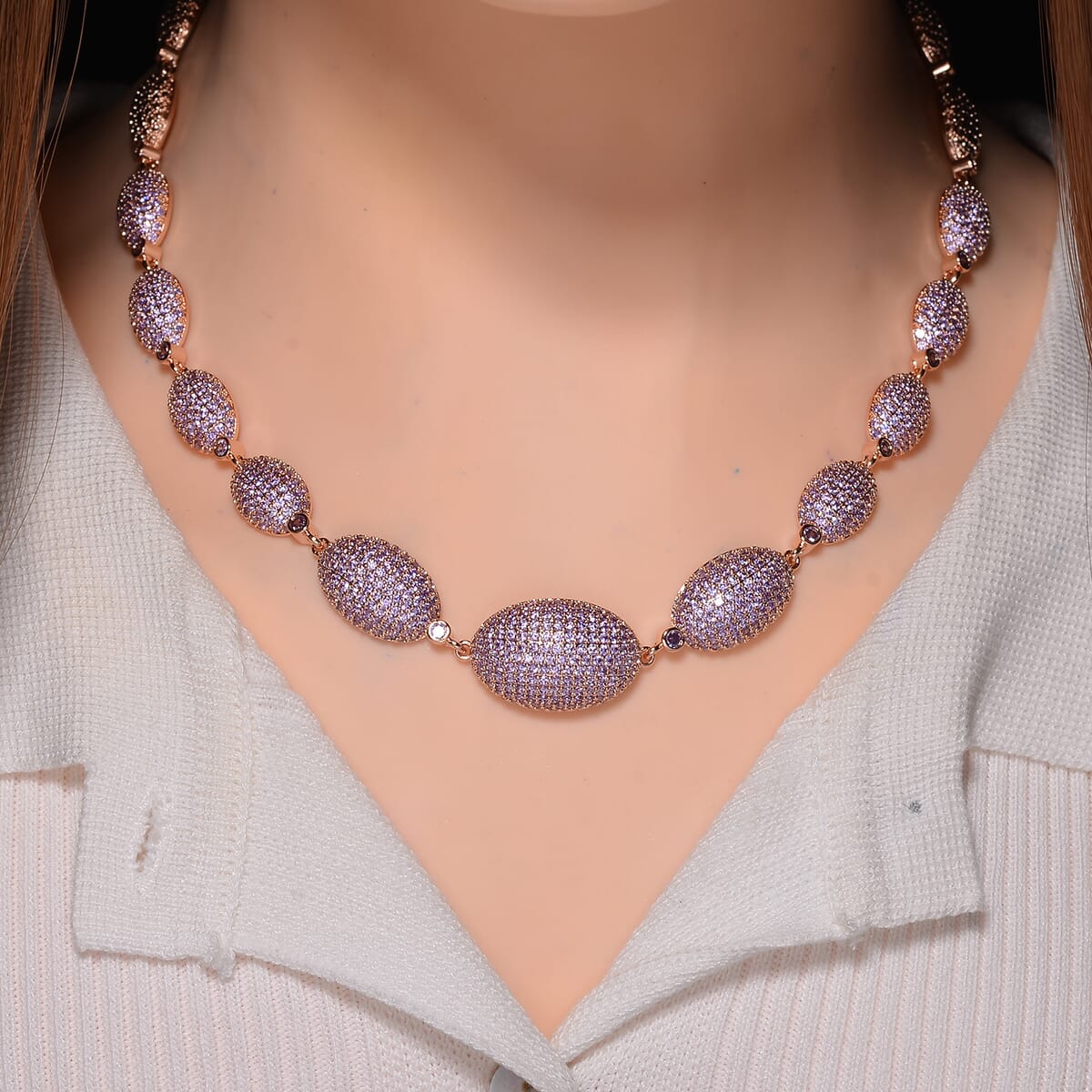 Simulated Purple Diamond Lustrous Link Necklace in Rosetone 18.5 Inches image number 1