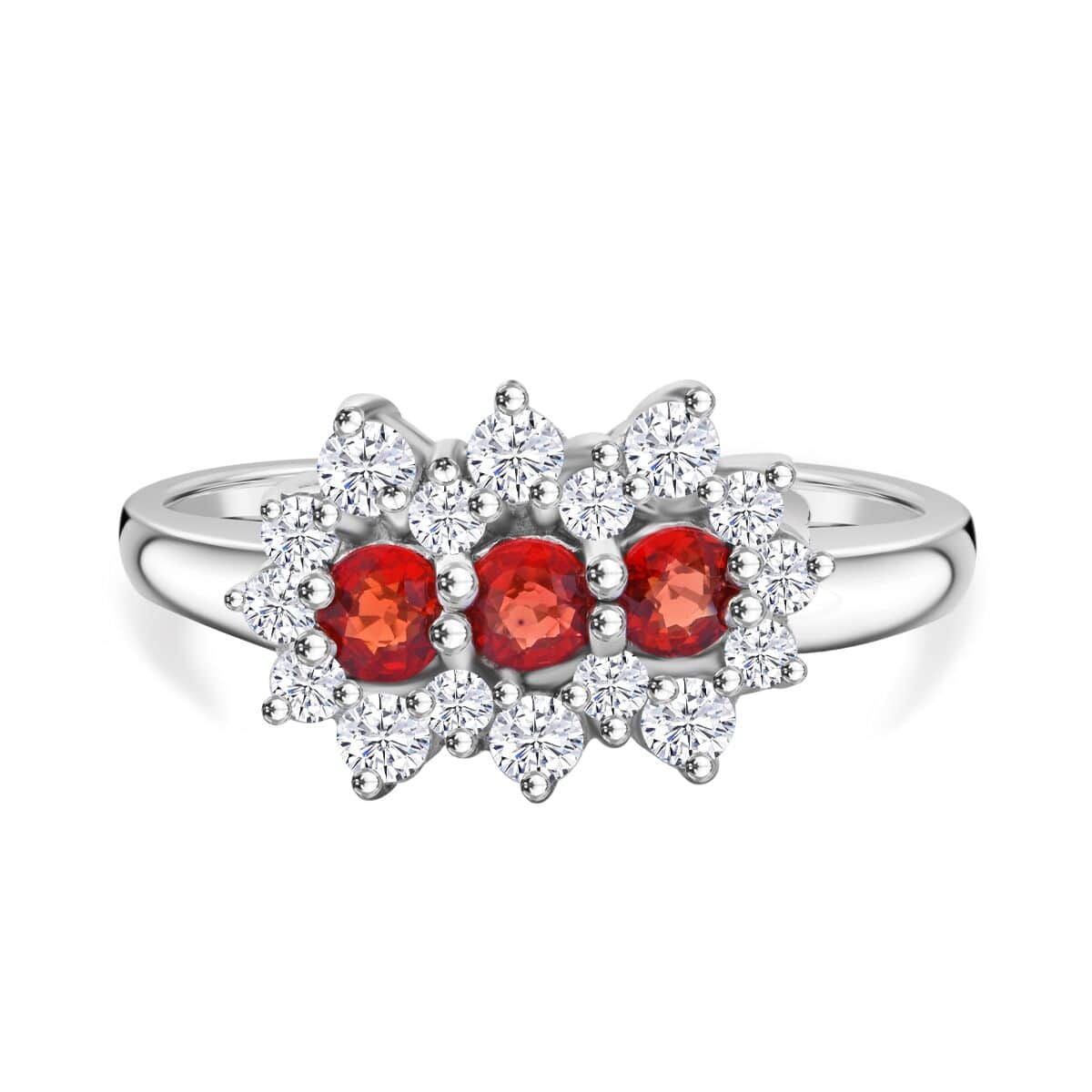 Premium Red Sapphire and Moissanite 1.40 ctw Scarlet Blossom Ring in Rhodium Over Sterling Silver (Size 10.0) image number 0