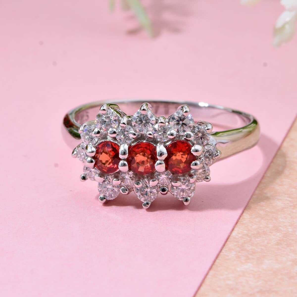 Premium Red Sapphire and Moissanite 1.40 ctw Scarlet Blossom Ring in Rhodium Over Sterling Silver (Size 10.0) image number 1