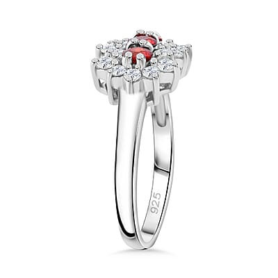 Premium Red Sapphire and Moissanite 1.40 ctw Scarlet Blossom Ring in Rhodium Over Sterling Silver (Size 10.0)