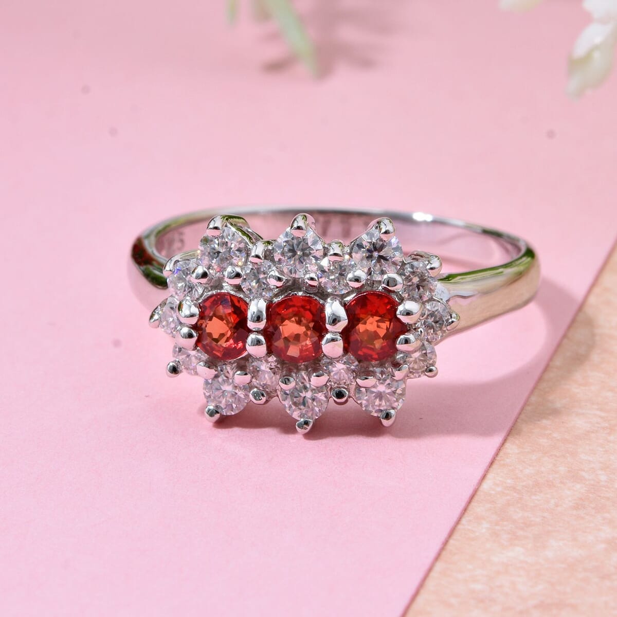 Premium Red Sapphire and Moissanite 1.40 ctw Scarlet Blossom Ring in Rhodium Over Sterling Silver (Size 6.0) image number 1