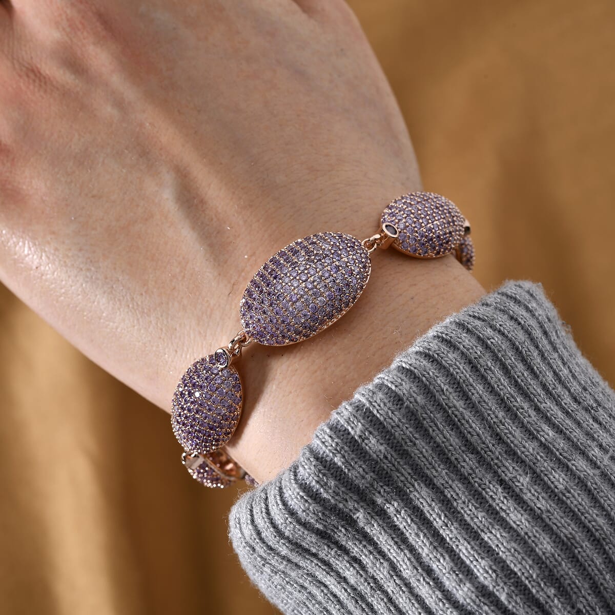 Simulated Purple Diamond Lustrous Link Bracelet in Rosetone (7.50 In) image number 1