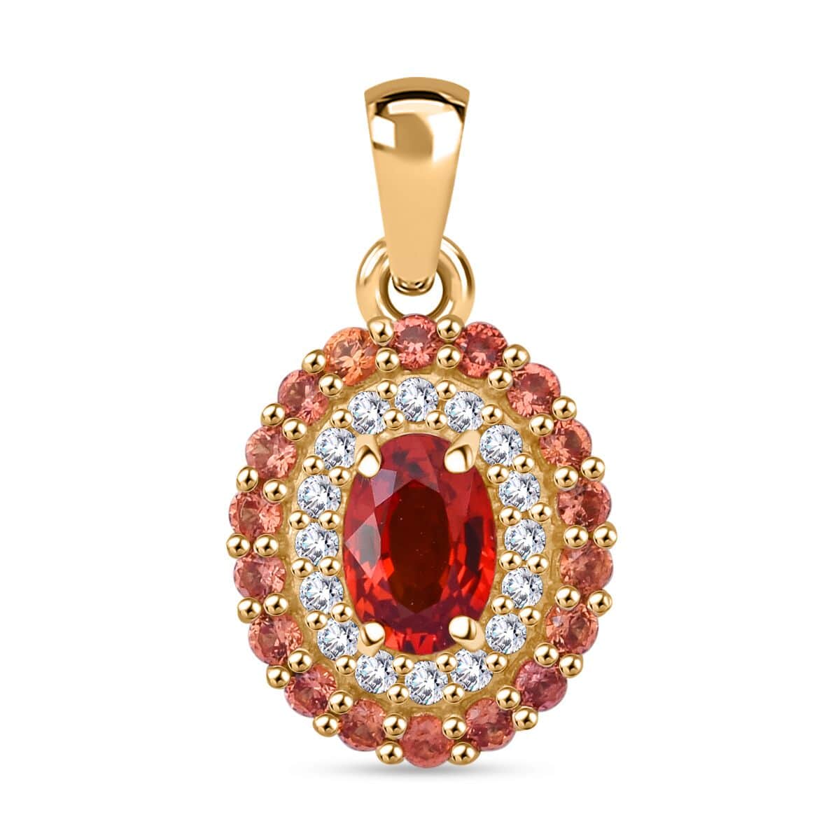 Luxoro AAA Red Sapphire, Padparadscha Sapphire (BT) and G-H I2 Diamond 1.20 ctw Crimson Halo Pendant in 10K Yellow Gold image number 0