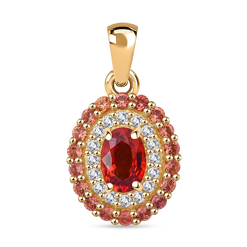 Luxoro AAA Songea Sapphire, Padparadscha Sapphire (BT) and G-H I2 Diamond 1.20 ctw Crimson Halo Pendant without Chain in 10K Yellow Gold