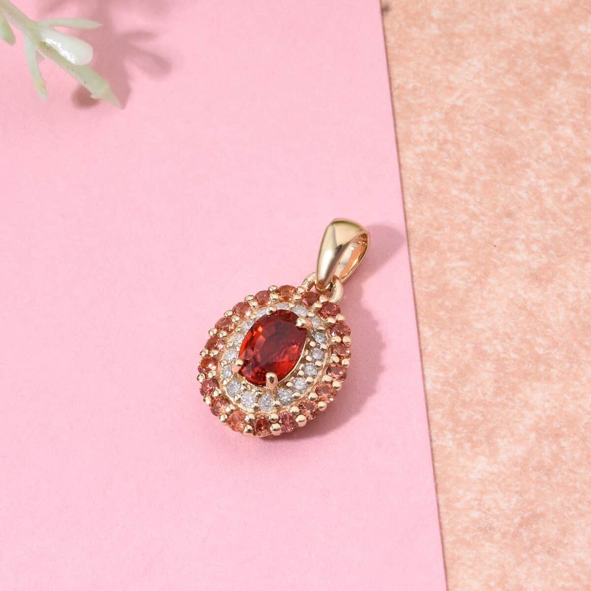 Luxoro AAA Red Sapphire, Padparadscha Sapphire (BT) and G-H I2 Diamond 1.20 ctw Crimson Halo Pendant in 10K Yellow Gold image number 1