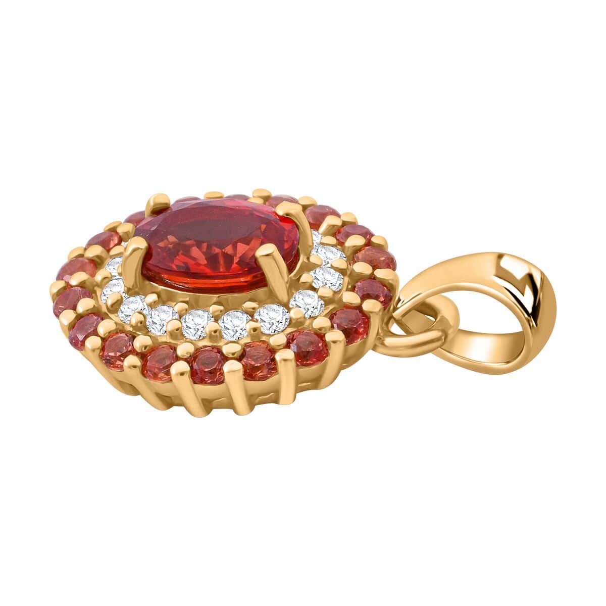 Luxoro AAA Red Sapphire, Padparadscha Sapphire (BT) and G-H I2 Diamond 1.20 ctw Crimson Halo Pendant in 10K Yellow Gold image number 3