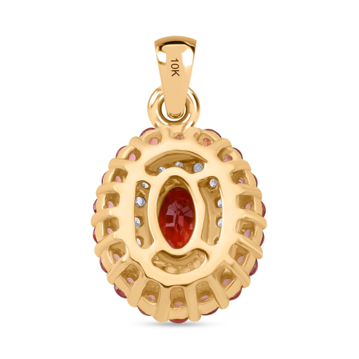 Luxoro AAA Red Sapphire, Padparadscha Sapphire (BT) and G-H I2 Diamond 1.20 ctw Crimson Halo Pendant in 10K Yellow Gold image number 4