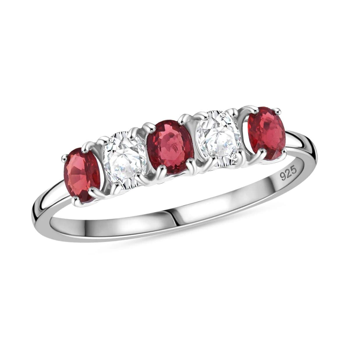 Premium Red Sapphire and Moissanite 1.00 ctw Symphony Band Ring in Rhodium Over Sterling Silver (Size 10.0) image number 0