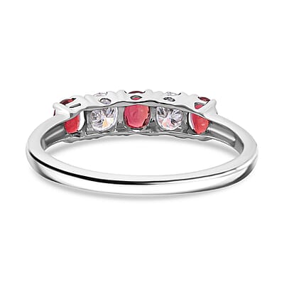 Premium Red Sapphire and Moissanite 1.00 ctw Symphony Band Ring in Rhodium Over Sterling Silver (Size 10.0)