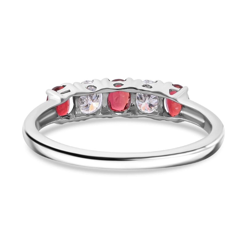 Premium Red Sapphire and Moissanite 1.00 ctw Symphony Band Ring in Rhodium Over Sterling Silver (Size 10.0)