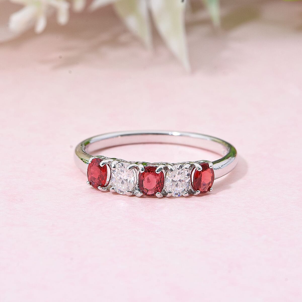Premium Red Sapphire and Moissanite 1.00 ctw Symphony Band Ring in Rhodium Over Sterling Silver (Size 6.0) image number 1