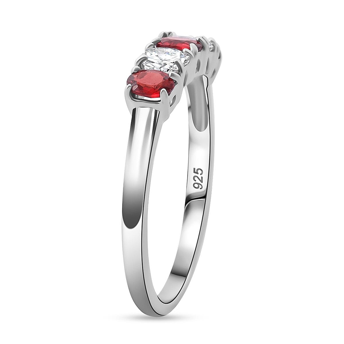 Premium Red Sapphire and Moissanite 1.00 ctw Symphony Band Ring in Rhodium Over Sterling Silver (Size 6.0) image number 3