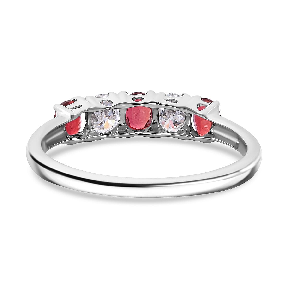 Premium Red Sapphire and Moissanite 1.00 ctw Symphony Band Ring in Rhodium Over Sterling Silver (Size 6.0) image number 4
