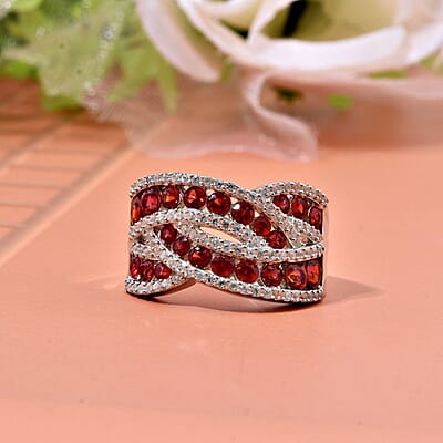 Premium Red Sapphire, White Zircon Ring in Rhodium Over Sterling Silver (Size 10.0) 3.00 ctw