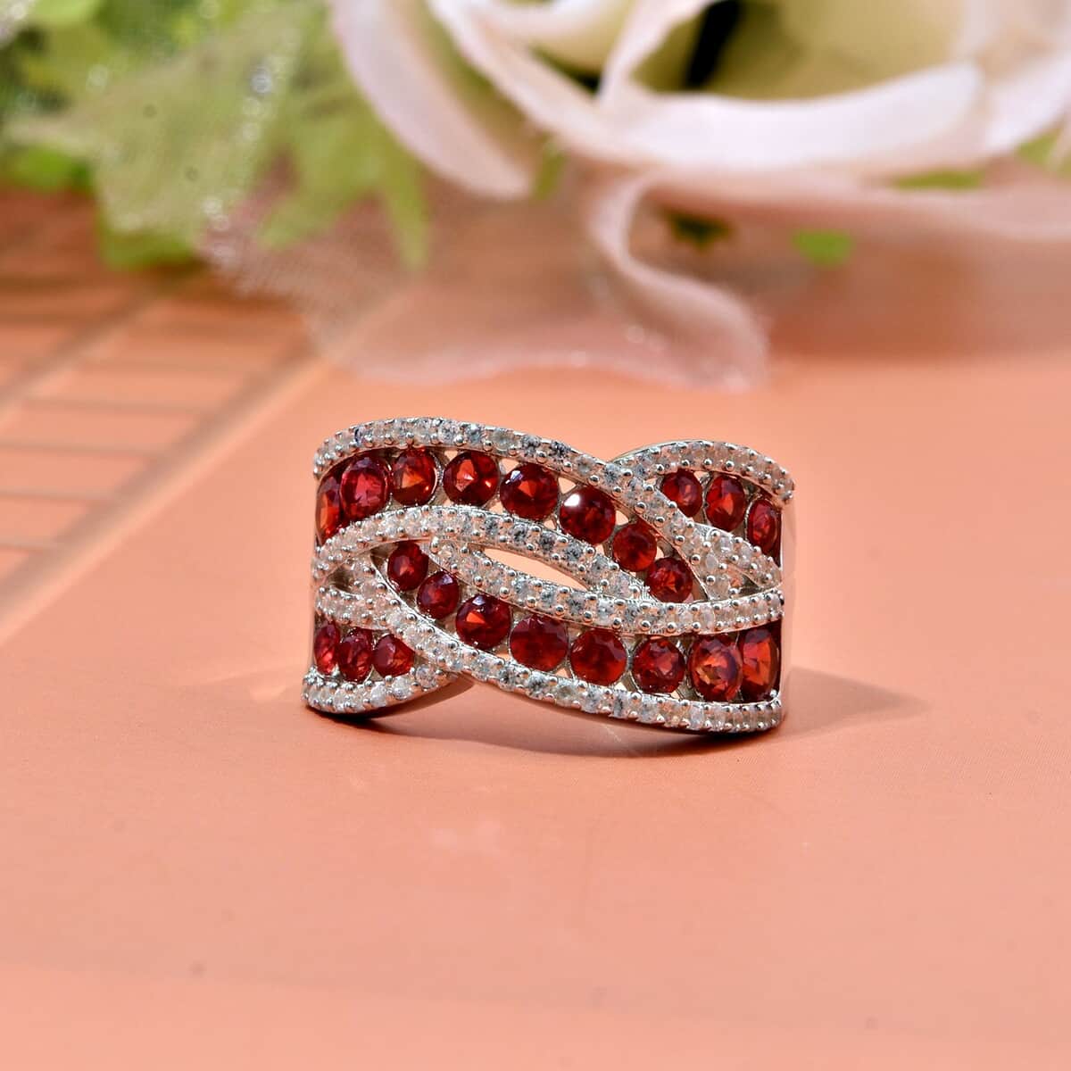 Premium Red Sapphire and White Zircon 3.00 ctw Lustrous Weave Ring in Rhodium Over Sterling Silver (Size 5.0) image number 1