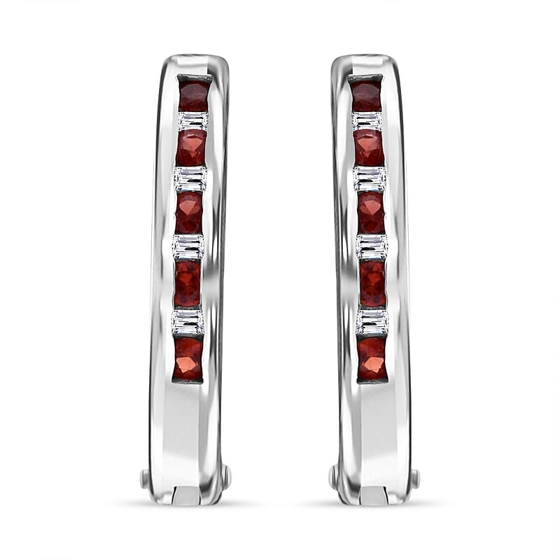 Premium Red Sapphire and Moissanite 1.00 ctw Hoop Earrings in Rhodium Over Sterling Silver