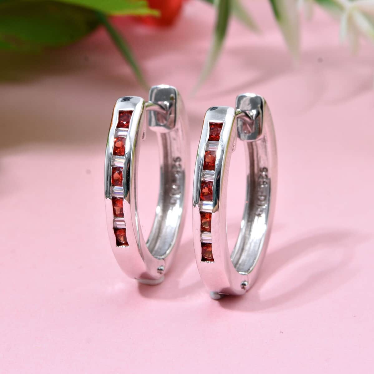 Premium Red Sapphire and Moissanite 1.00 ctw Hoop Earrings in Rhodium Over Sterling Silver image number 1