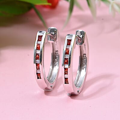 Premium Red Sapphire and Moissanite 1.00 ctw Hoop Earrings in Rhodium Over Sterling Silver