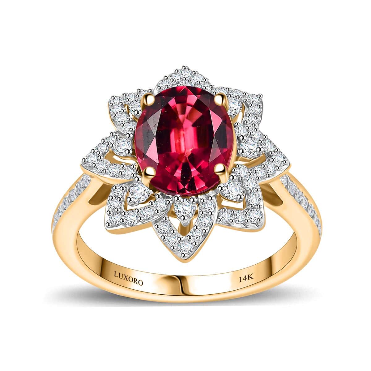 Certified & Appraised Luxoro AAAA Akwanga Rubellite and G-H I2 Diamond 2.73 ctw Floral Ring in 14K Yellow Gold (Size 10.0) 4.50 Grams image number 0