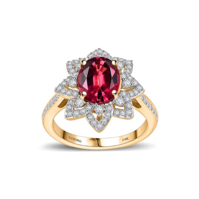 Certified & Appraised Luxoro AAAA Akwanga Rubellite and G-H I2 Diamond 2.73 ctw Floral Ring in 14K Yellow Gold (Size 10.0) 4.50 Grams