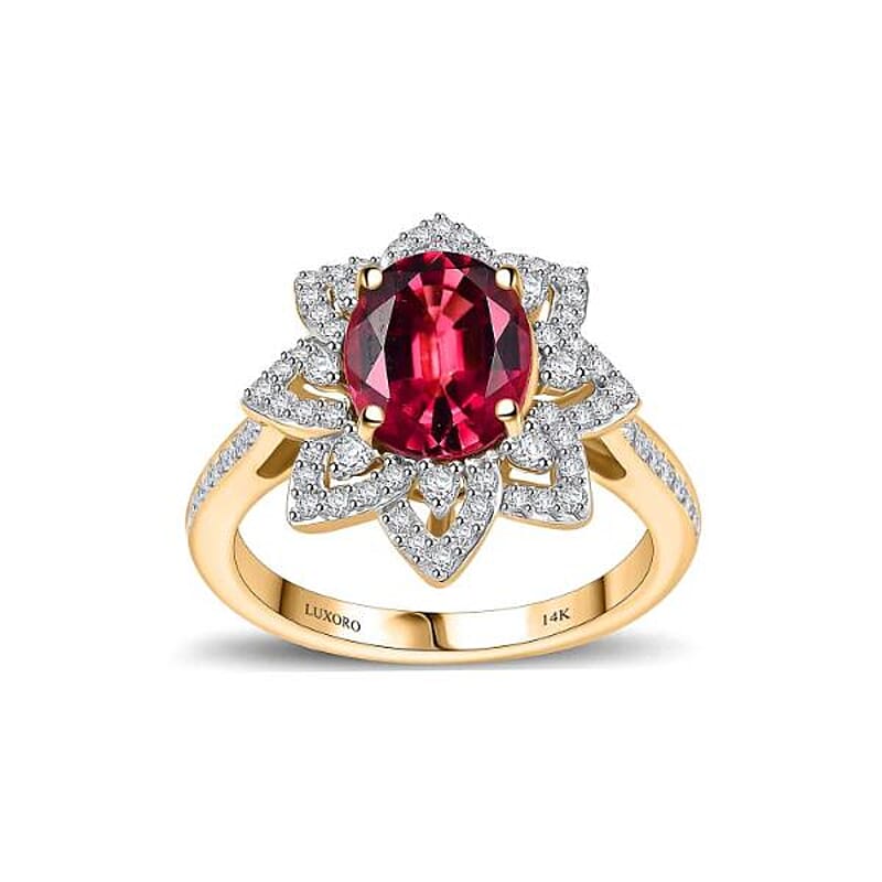 Certified & Appraised Luxoro 14K Yellow Gold AAAA Akwanga Rubellite, Diamond (G-H, I2) (0.53 cts) Floral Ring (Size 11.0) (4.50 g) 2.73 ctw