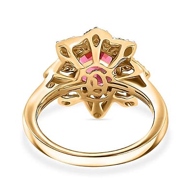 Certified & Appraised Luxoro 14K Yellow Gold AAAA Akwanga Rubellite, Diamond (G-H, I2) (0.53 cts) Floral Ring (Size 13.0) (4.50 g) 2.73 ctw