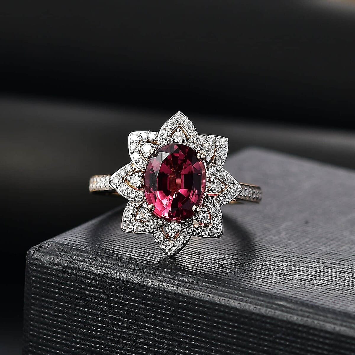 Certified & Appraised Luxoro 14K Yellow Gold AAAA Akwanga Rubellite, Diamond (G-H, I2) (0.53 cts) Floral Ring (Size 7.5) (4.50 g) 2.73 ctw image number 1