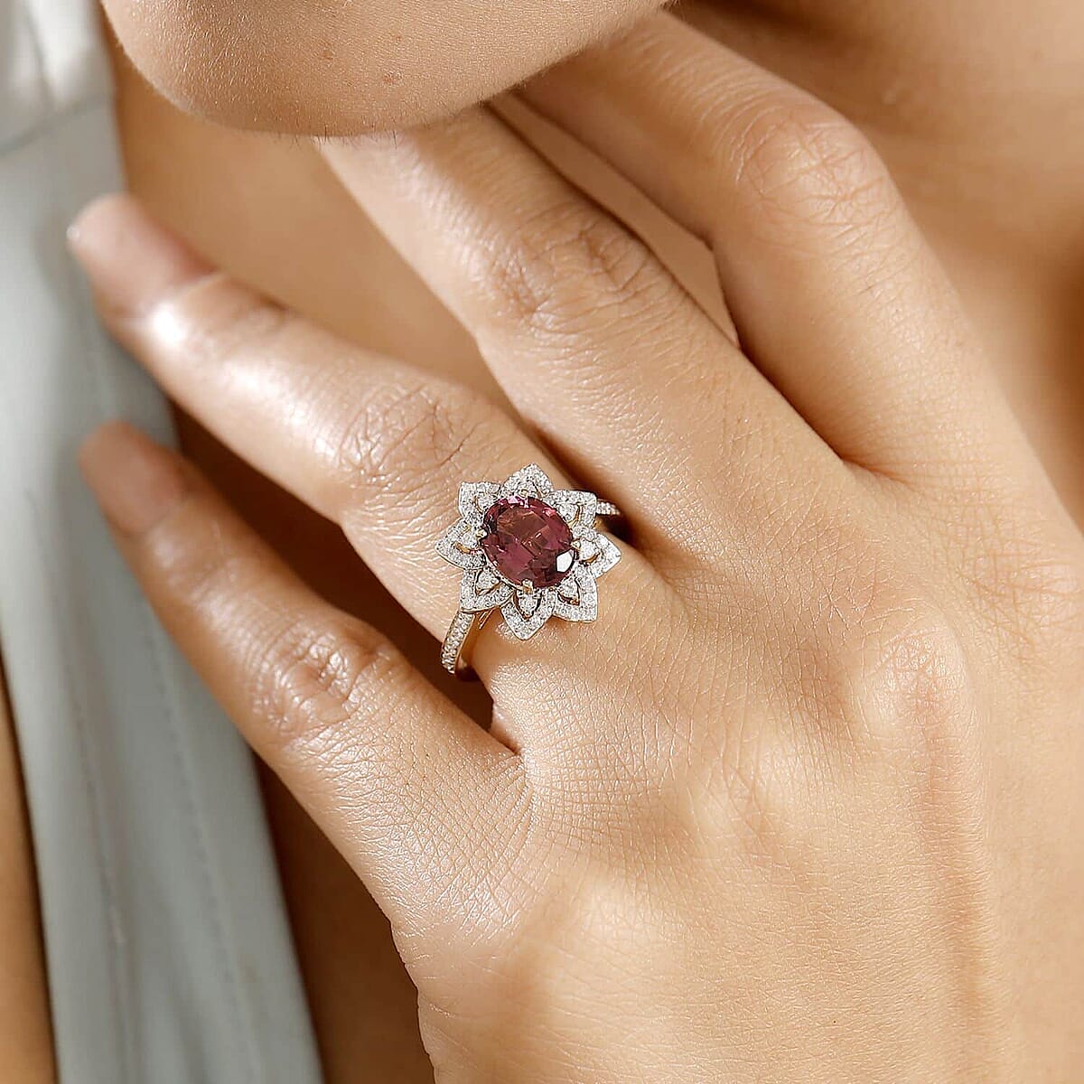 Certified & Appraised Luxoro 14K Yellow Gold AAAA Akwanga Rubellite, Diamond (G-H, I2) (0.53 cts) Floral Ring (Size 7.5) (4.50 g) 2.73 ctw image number 2