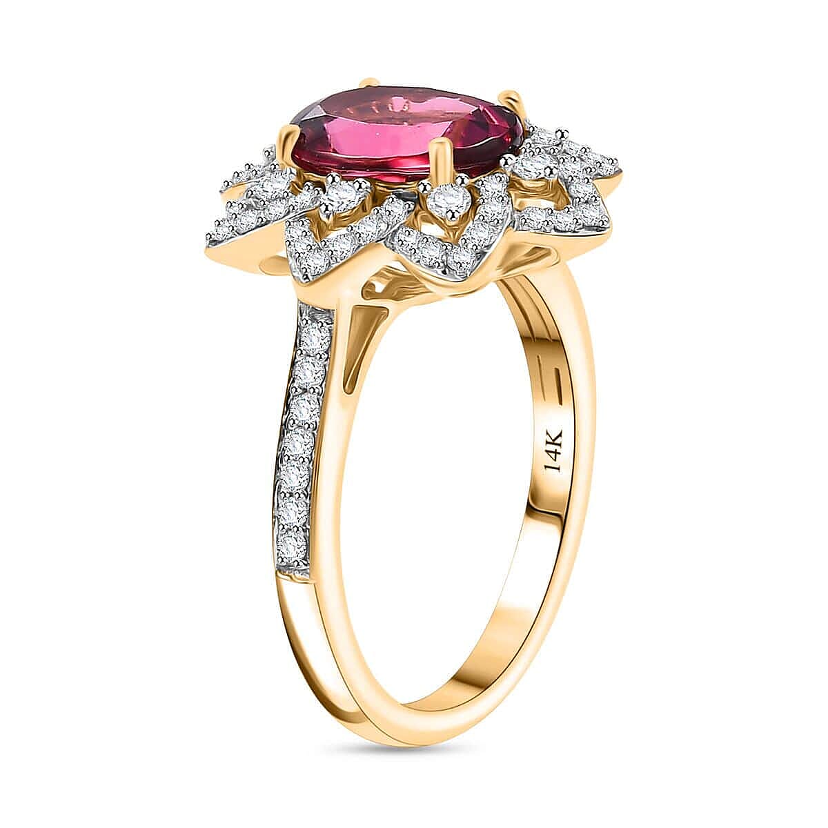 Certified & Appraised Luxoro 14K Yellow Gold AAAA Akwanga Rubellite, Diamond (G-H, I2) (0.53 cts) Floral Ring (Size 7.5) (4.50 g) 2.73 ctw image number 3